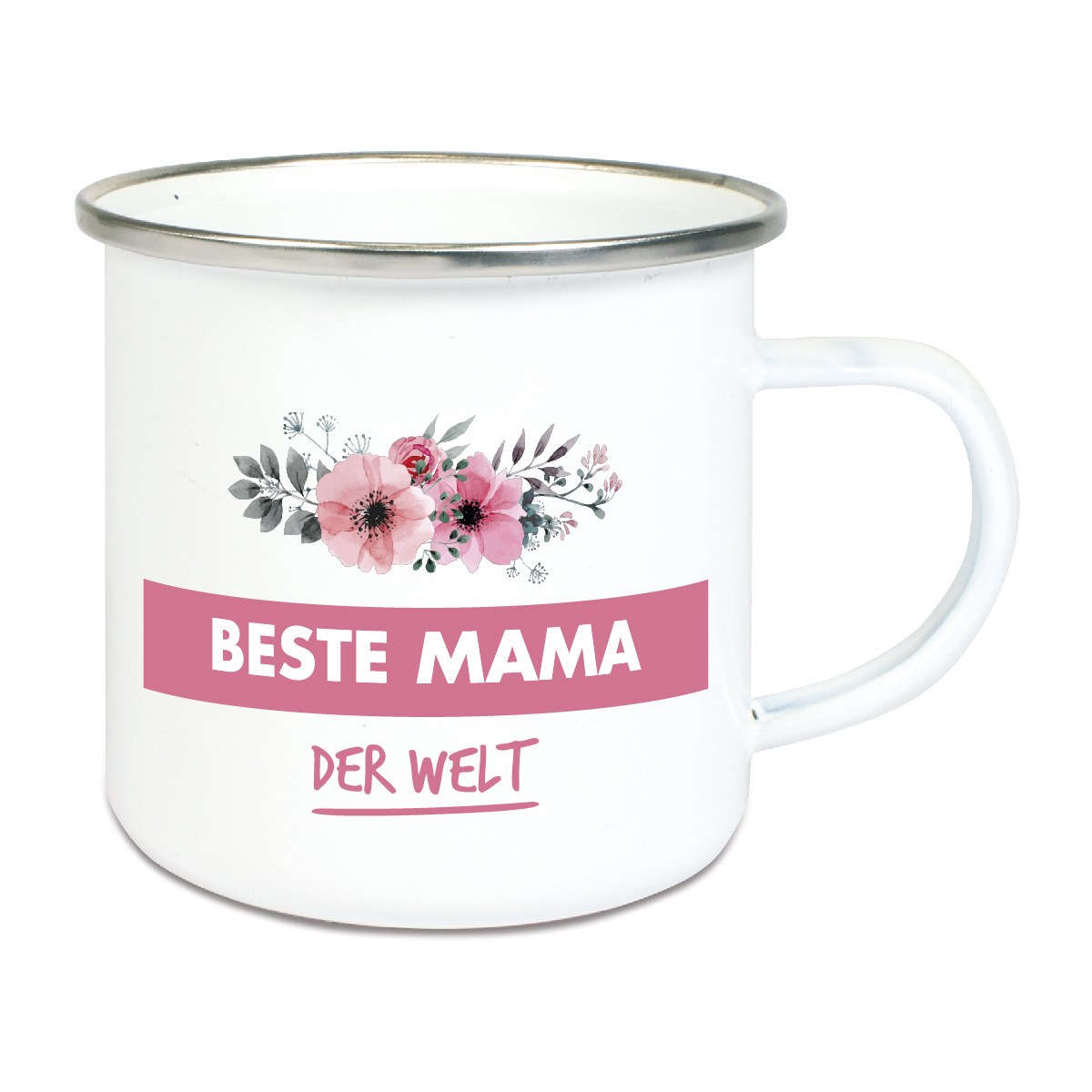 Emaille Tasse mit Spruch "Beste Mama Der Welt" Silber