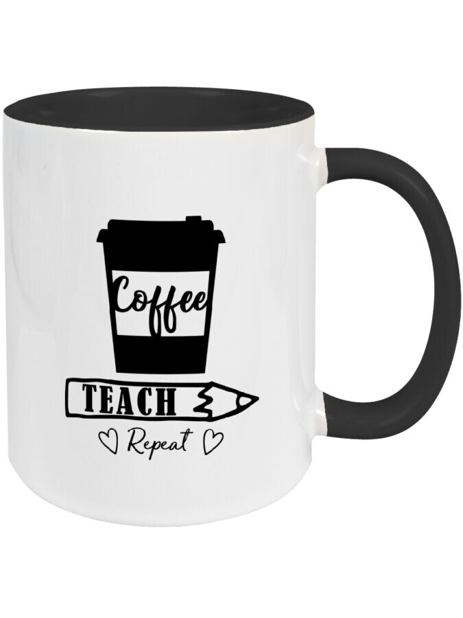 Keramiktasse Zweifarbig Schwarz mit Spruch – Coffee, Teach, Repeat