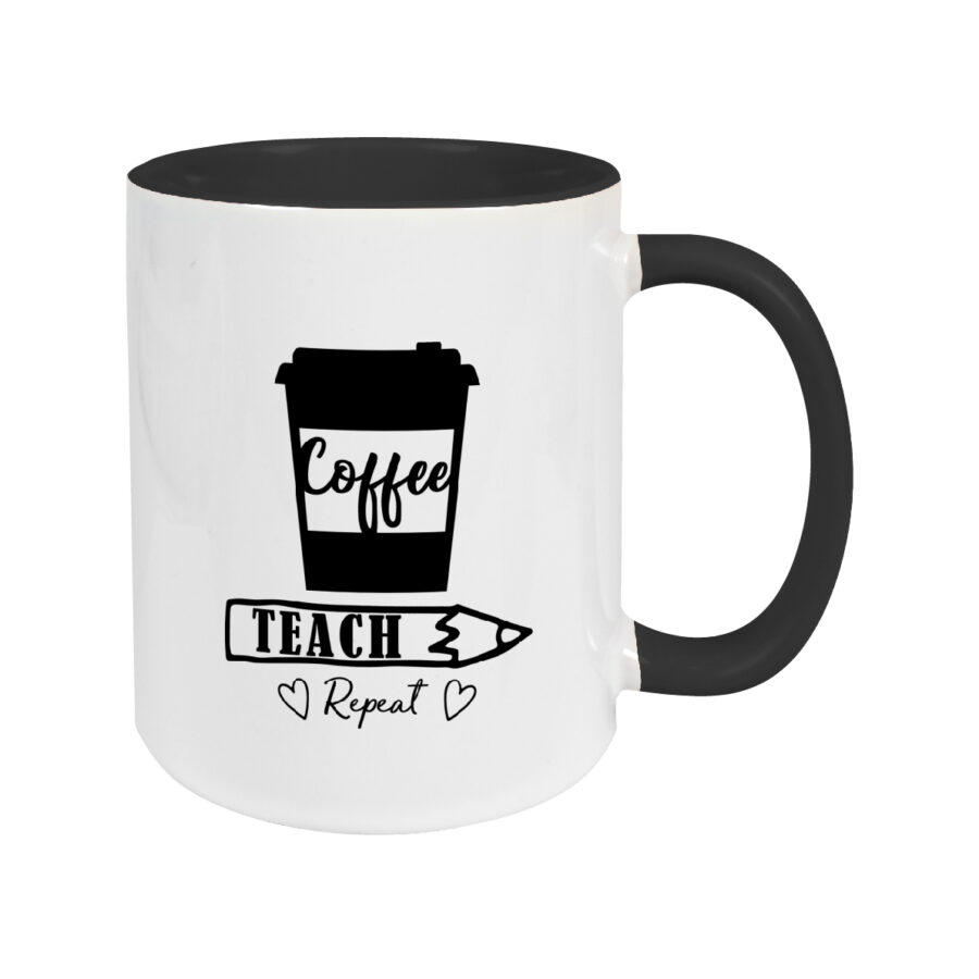 Keramiktasse Zweifarbig Schwarz mit Spruch – Coffee, Teach, Repeat
