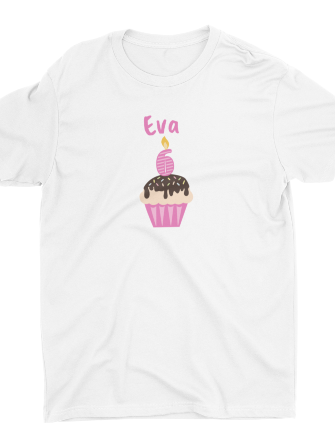 Kindershirt Fairtrade Bio-Baumwolle personalisierbar mit Name, Geburtstag und Cupcake