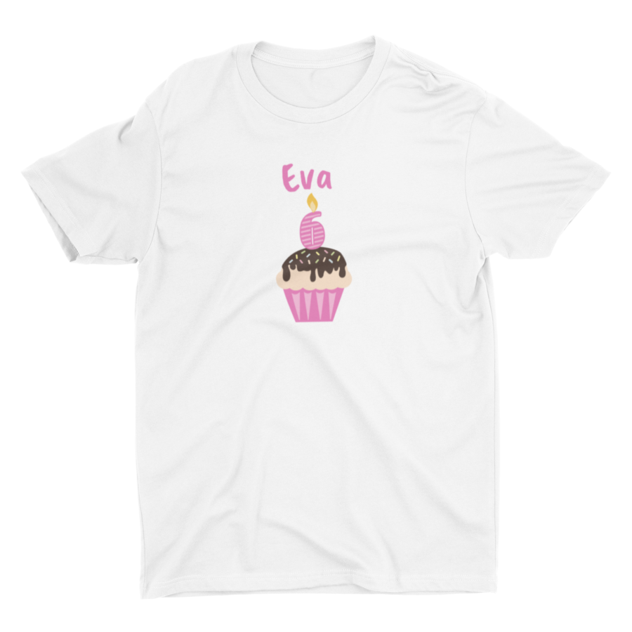 Kindershirt Fairtrade Bio-Baumwolle personalisierbar mit Name, Geburtstag und Cupcake