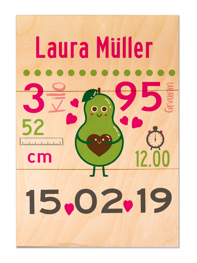 Holzbild personalisierbar mit Geburtsdaten und Avocado bedruckt