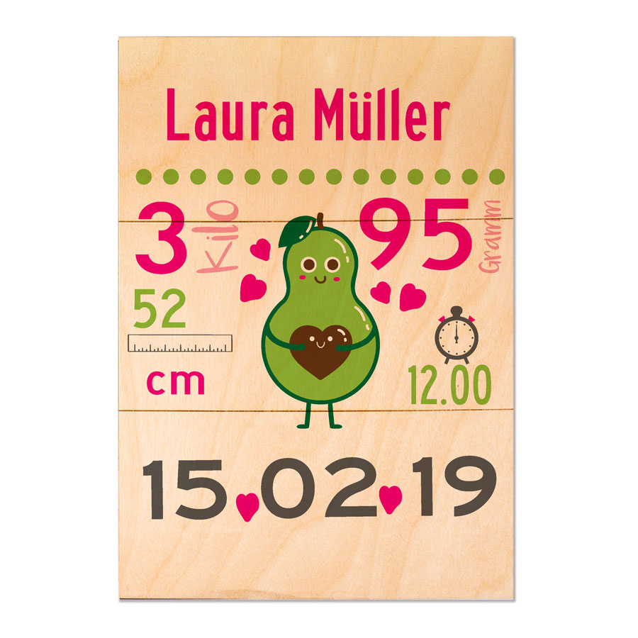 Holzbild personalisierbar mit Geburtsdaten und Avocado bedruckt