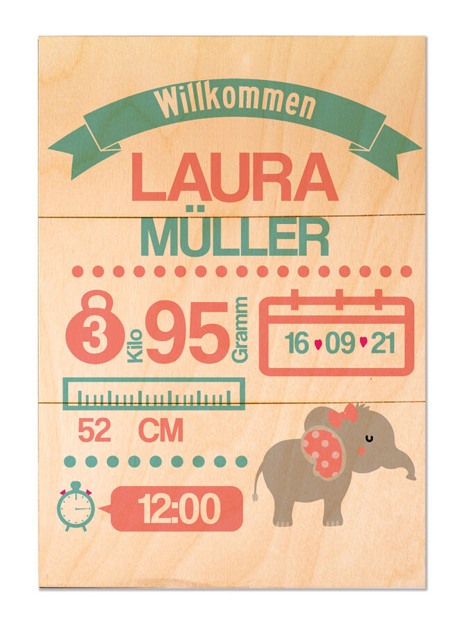 Holzbild personalisierbar mit Geburtsdaten und Elefant bedruckt