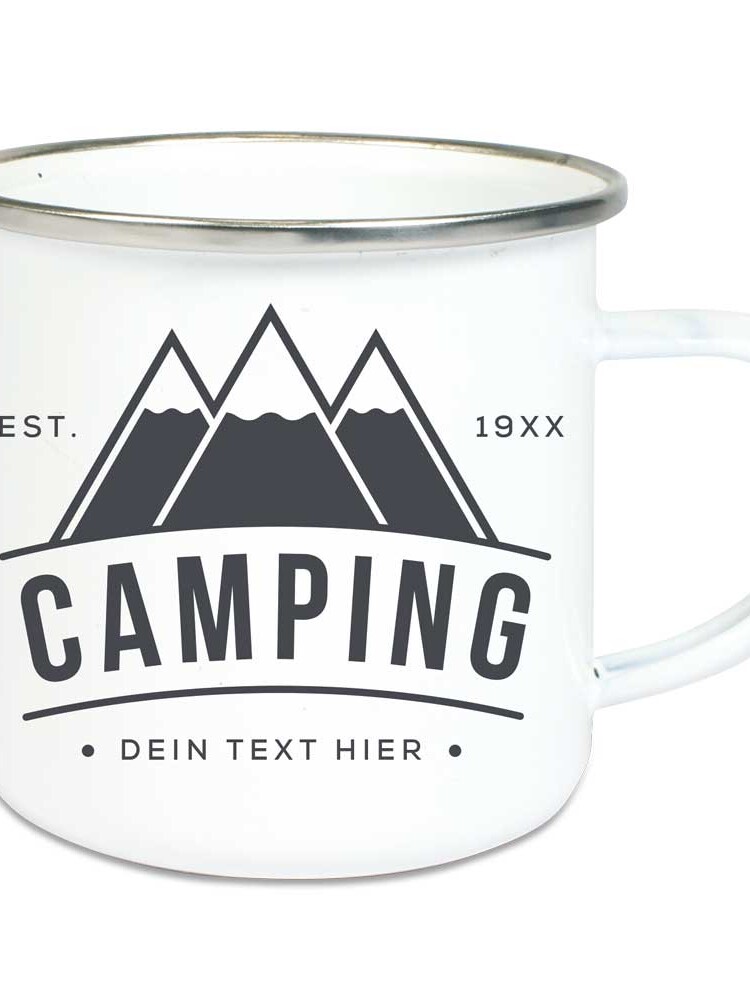 Emaille Tasse personalisierbar mit Datum und Text - Camping mit Bergmotiv