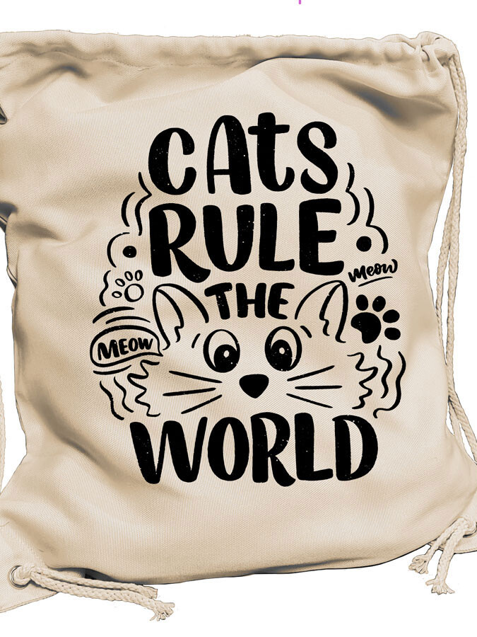 Turnbeutel Leinenoptik personalisierbar mit Spruch - Cats rule the world