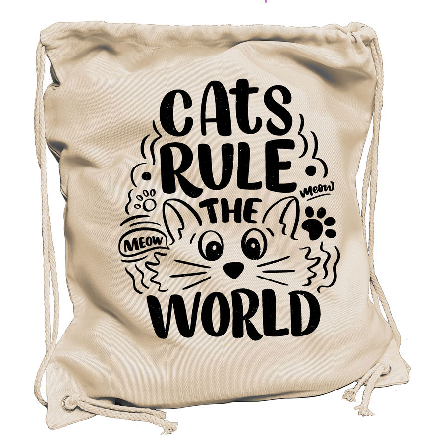 Turnbeutel Leinenoptik personalisierbar mit Spruch - Cats rule the world
