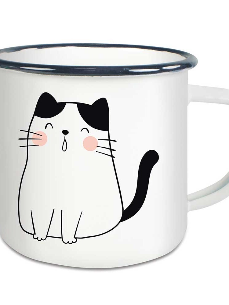 Emaille Tasse beidseitig mit Katze – Gähnend