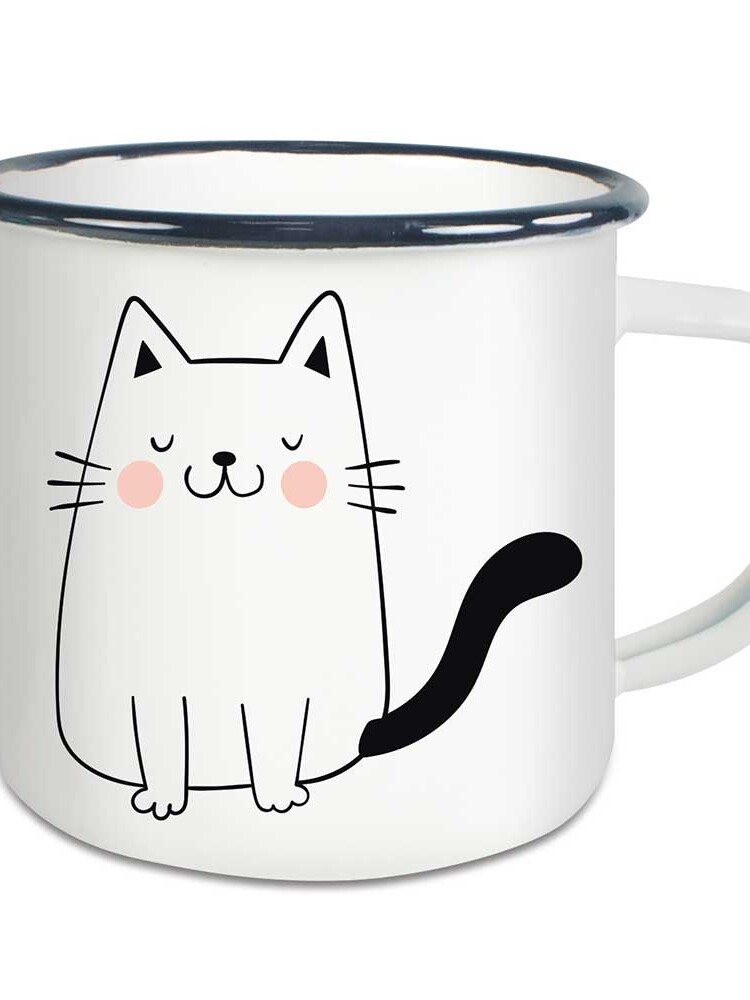 Emaille Tasse beidseitig mit Katze – Zufrieden