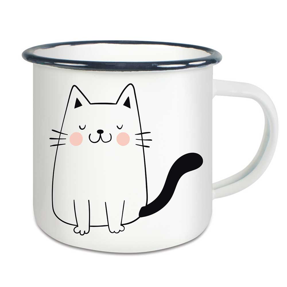 Emaille Tasse beidseitig mit Katze – Zufrieden