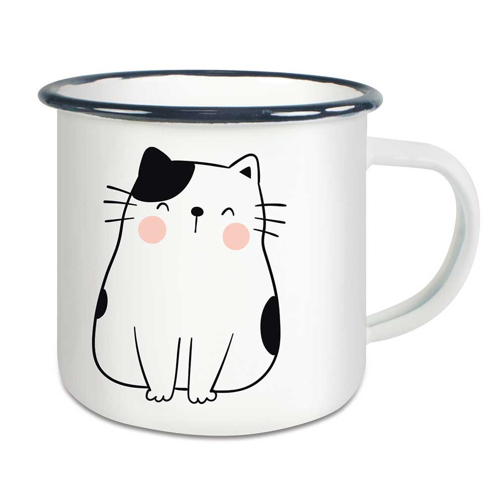 Emaille Tasse beidseitig mit Katze – Glücklich