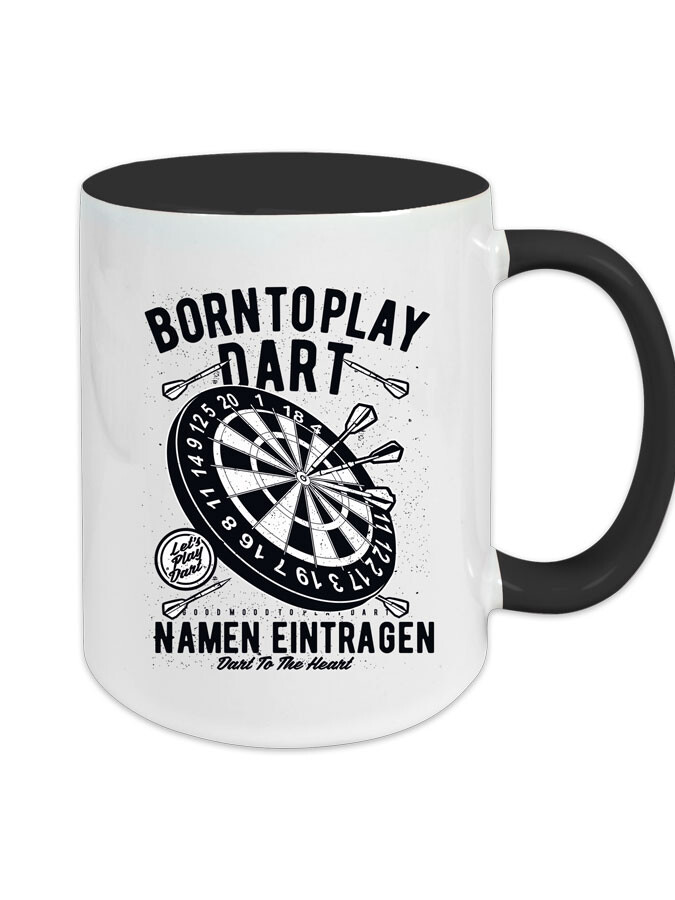 Keramiktasse Zweifarbig Schwarz personalisierbar mit Namen - Born to play dart