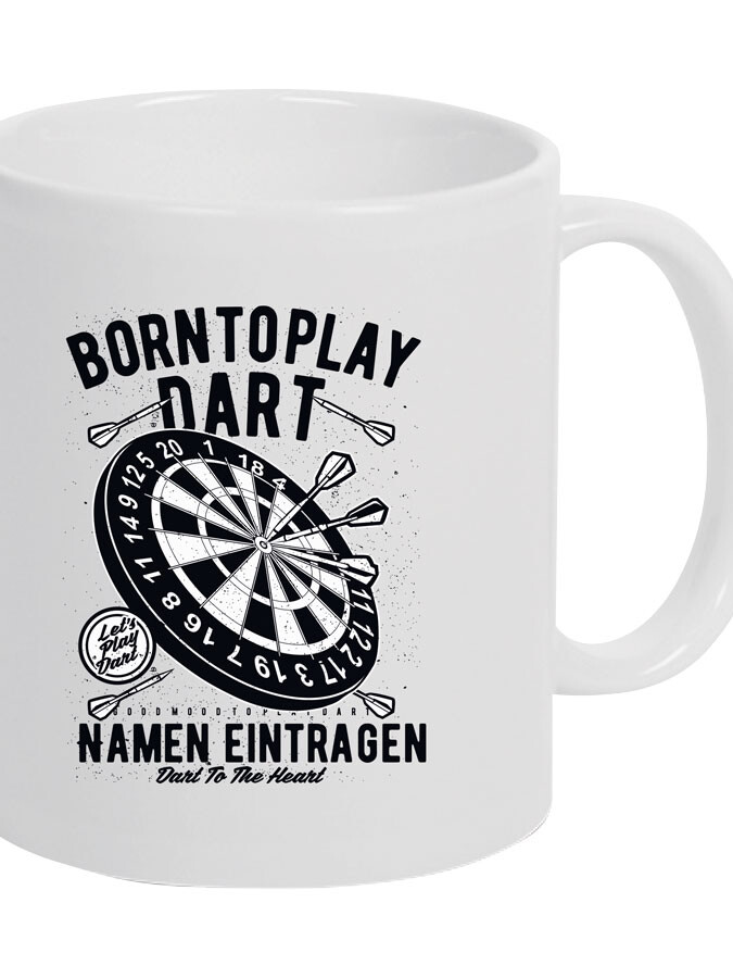 Keramiktasse personalisierbar mit Namen und Spruch – Born to play dart