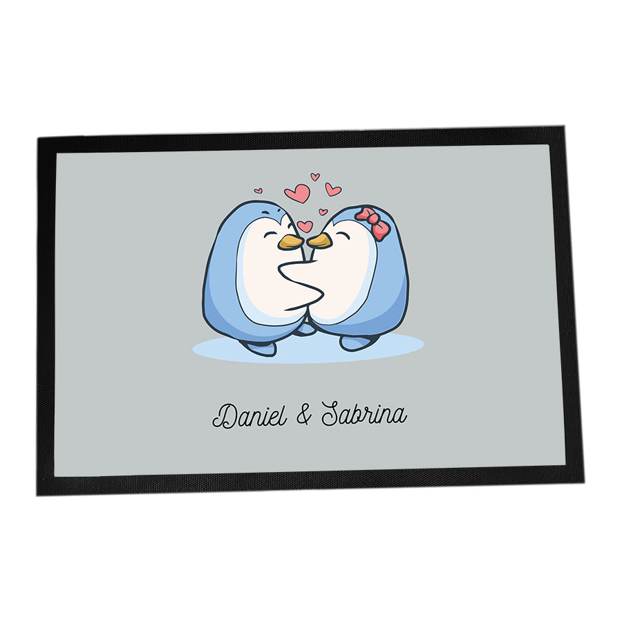 Fußmatte personalisierbar mit Namen - Valentinstag Pinguin Paar