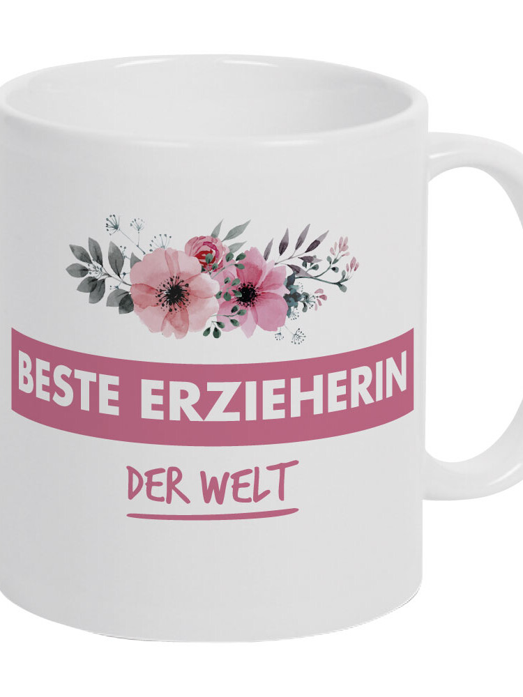 Tasse mit Spruch und Blumenmuster bedruckt 